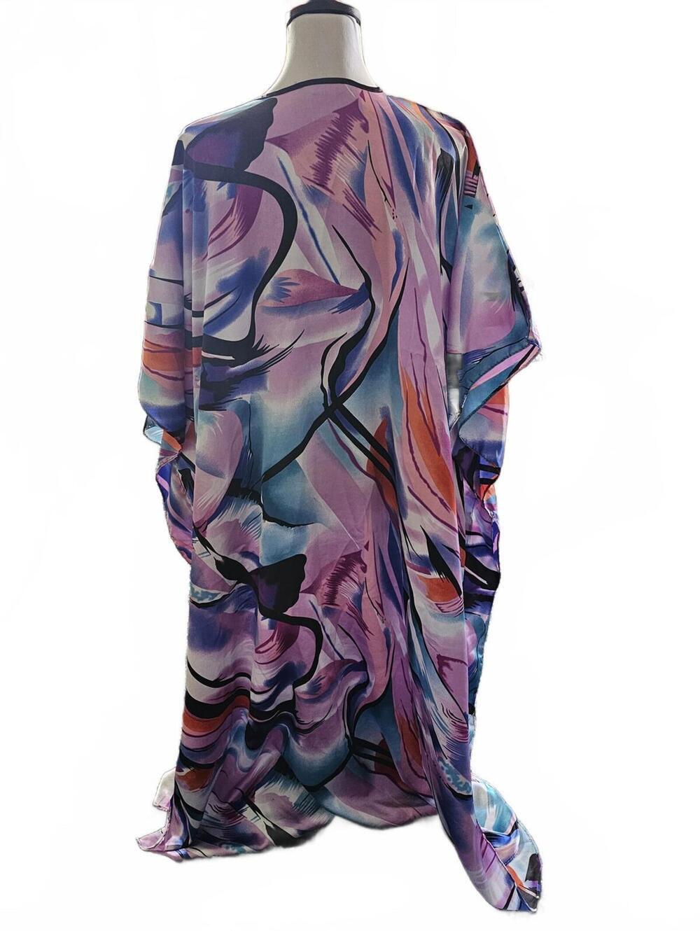 Women’s Abstract Print Caftan Maxi Dress One Size Polyester V-Neck - Picture 5 of 6